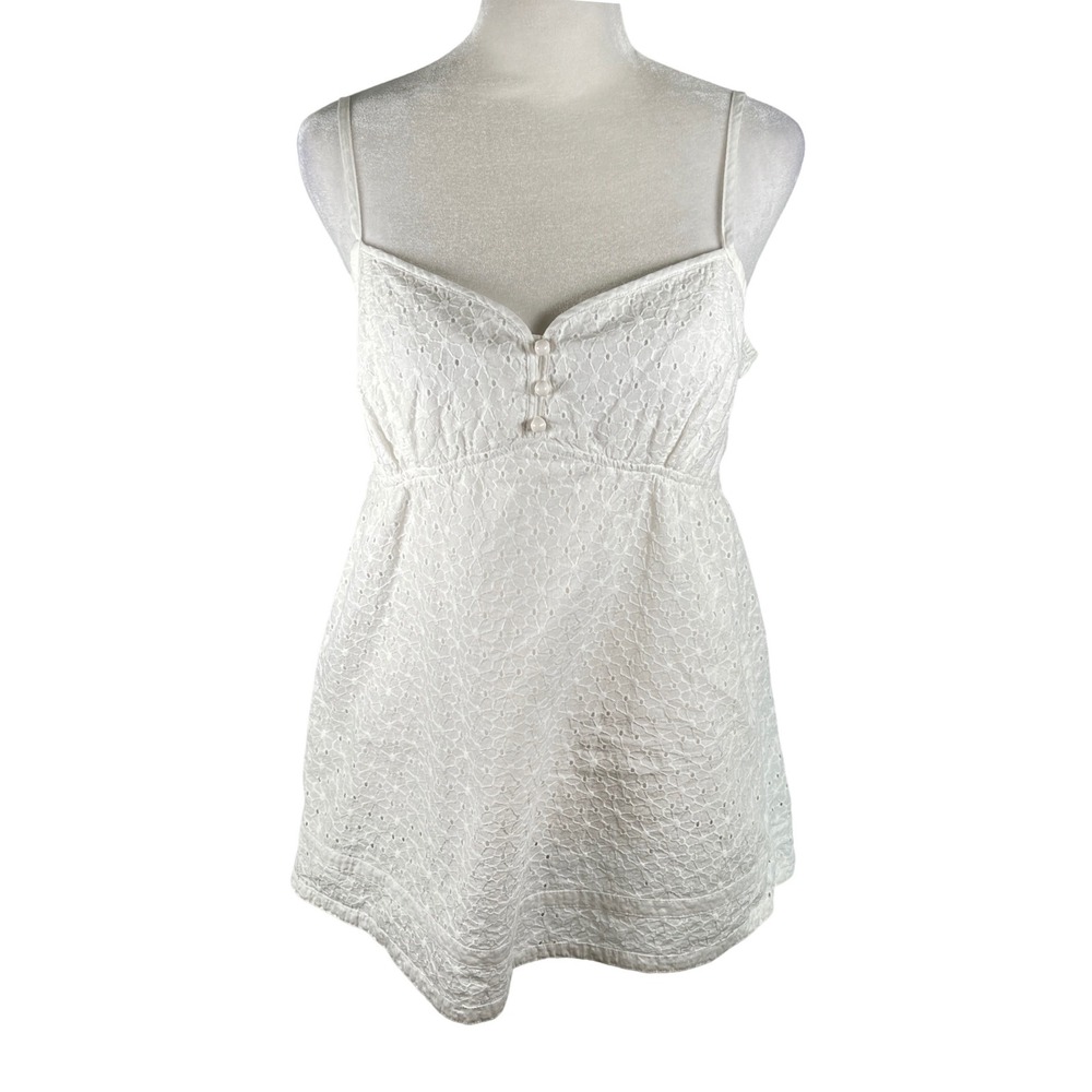 Express White Eyelet Cotton Babydoll Camisole Top Smocked Back Womens Medium Y2K
